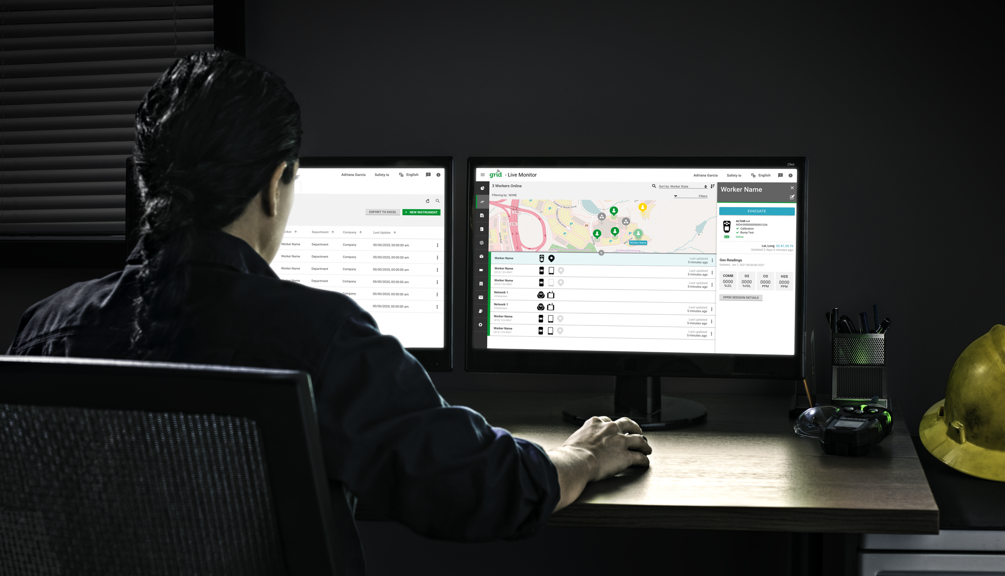 Trabalhador usando o MSA Grid para monitoramento em tempo real.